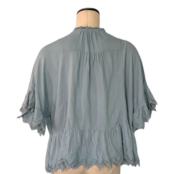 Umgee Linen Blend Top Boxy Ruffle Sleeve & Hem M Blue #19628 - Picture 9 of 11
